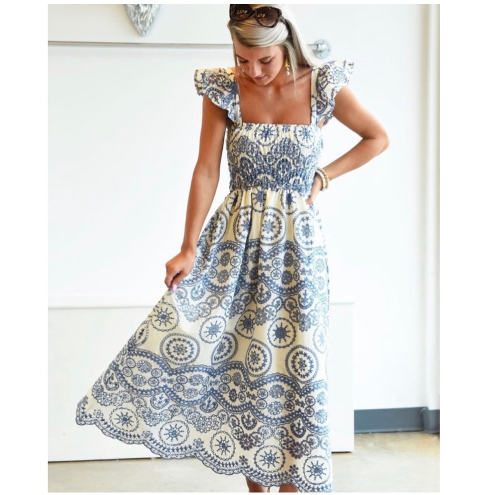 Blue and white maxi smocked dress